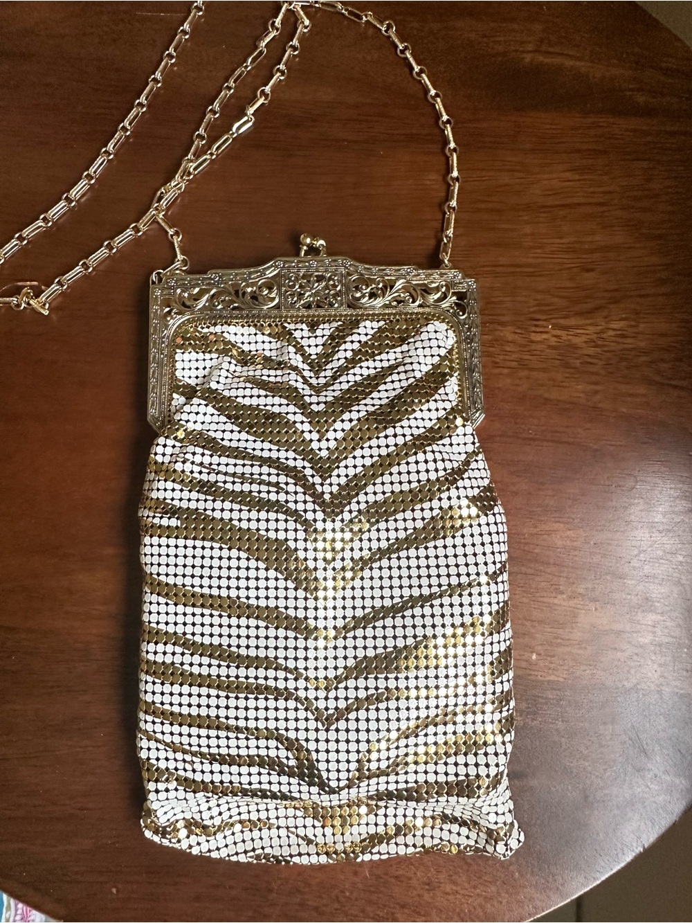 Vintage Whiting &‎ Davis Zebra Mesh Purse Gold White Chevron